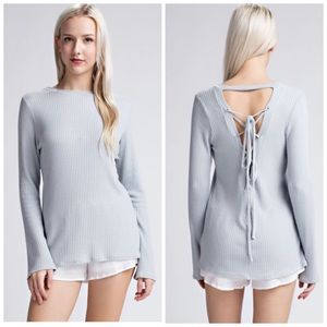 Grey Lace Up Back Waffle Knit Top